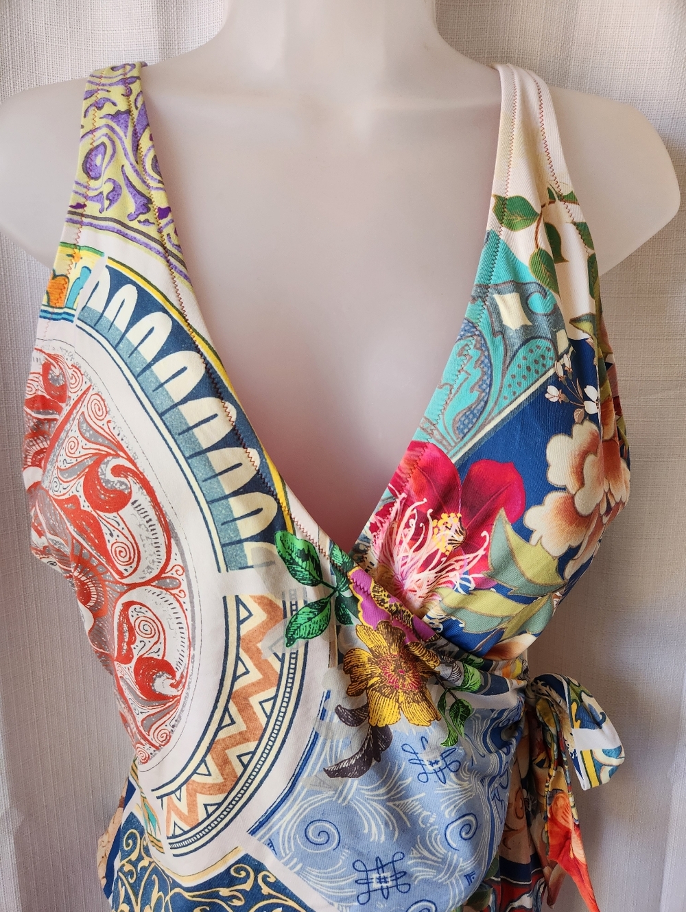 Johnny Was Women’s Boho Multicolor Floral Print Wrap One Piece Swimsuit Size XL - Picture 4 of 11